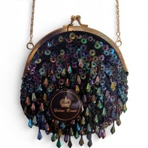 Vintage 60s Golden Crown Beaded Sequin Evening Bag -New Old Stock NOS Iridescent